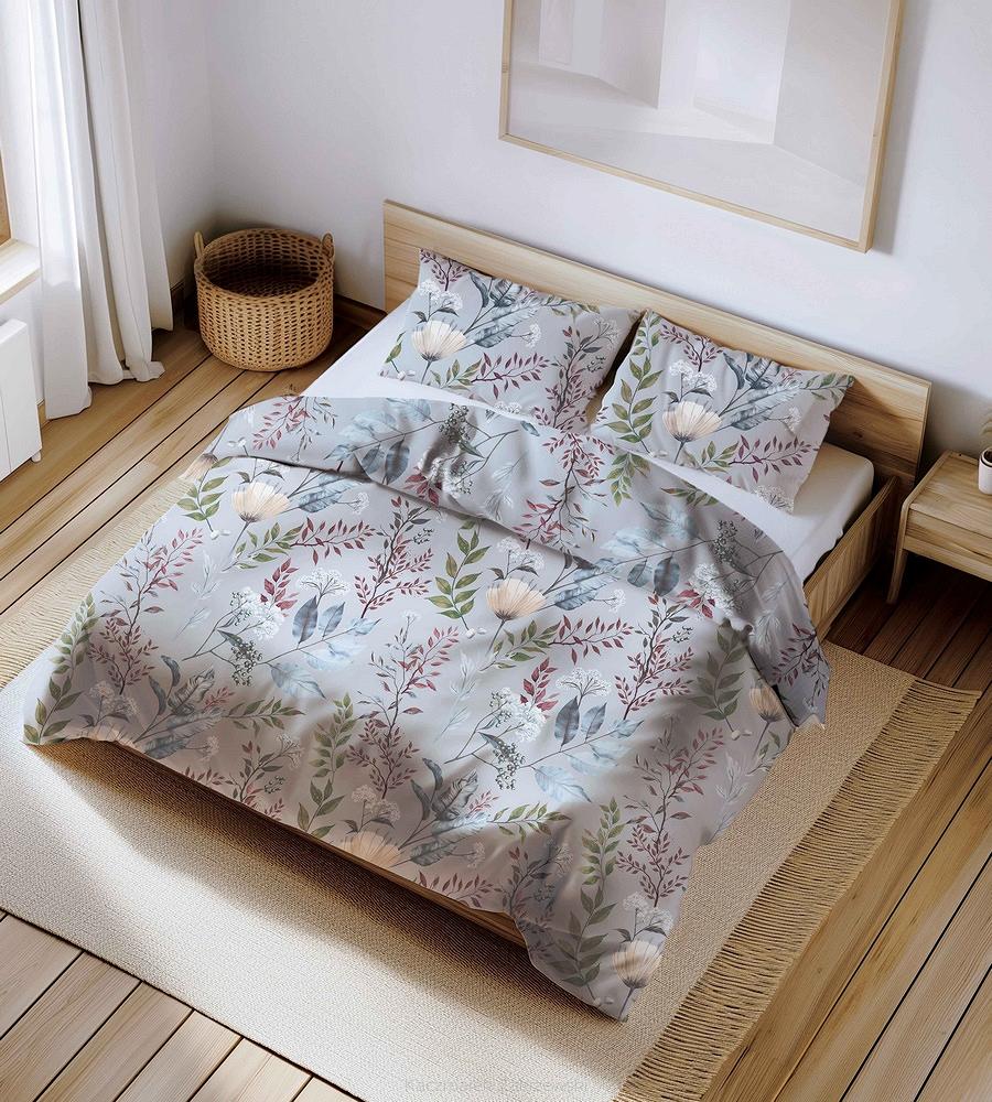 Pościel bawełniana 160x200 szara floralna oaza
