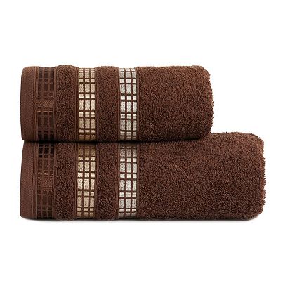 Ręcznik bawełniany LUXURY 70x140 brązowy z bordiurą w geometryczne pasy