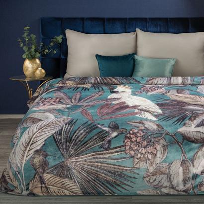 Koc narzuta ARA 150x200 Eurofirany turkusowy popielaty egzotyczne ptaki papugi