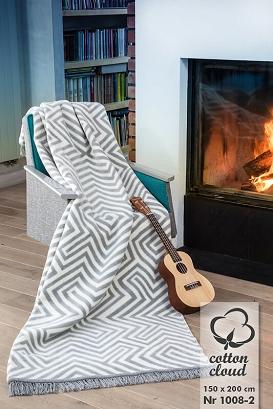 Koc bawełniano-akrylowy 150x200  wzór 1008-2 szary biały  geometria