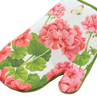 Rękawice kuchenne 18x27 z magnesem 2 szt. białe zielone koralowe pelargonie