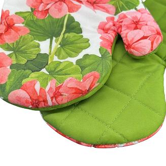 Rękawice kuchenne 18x27 z magnesem 2 szt. białe zielone koralowe pelargonie