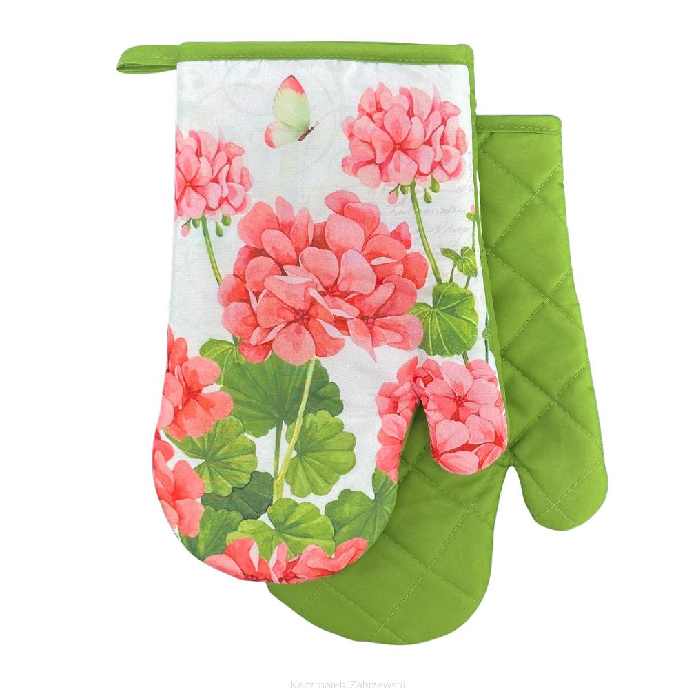 Rękawice kuchenne 18x27 z magnesem 2 szt. białe zielone koralowe pelargonie