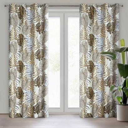 Zasłona gotowa na przelotkach KORFU 140x250 Design91 brązowa kremowa złota botaniczny nadruk