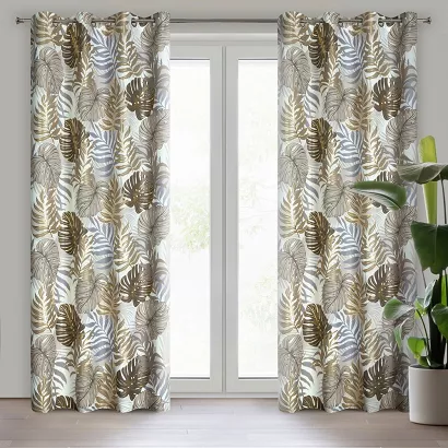 Zasłona gotowa na przelotkach KORFU 140x250 Design91 brązowa kremowa złota botaniczny nadruk