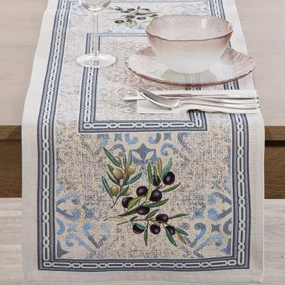 Bieżnik obrus dekoracyjny gobelin 45x140 Eurofirany naturalny niebieski oliwki ornamenty