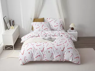 Biała Pościel Świąteczna Satyna Bawełniana z Nadrukiem 160x200 Candycanes