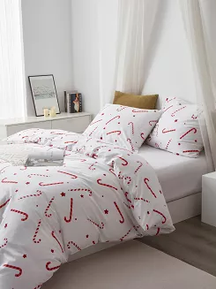 Biała Pościel Świąteczna Satyna Bawełniana z Nadrukiem 160x200 Candycanes
