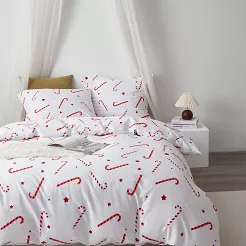 Biała Pościel Świąteczna Satyna Bawełniana z Nadrukiem 160x200 Candycanes