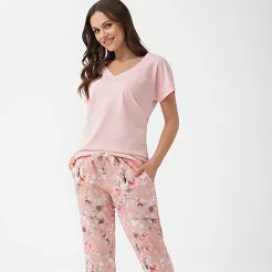 Piżama damska LUNA kod 1306 różowa spodnie w botaniczny wzór