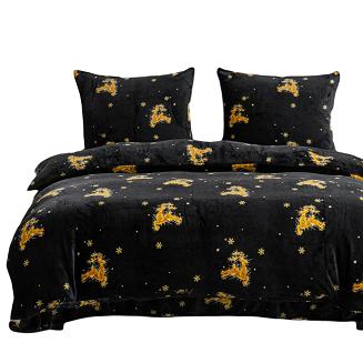 Pościel polarowa XmasCozy 220x200 welur świąteczna czarna w złote renifery