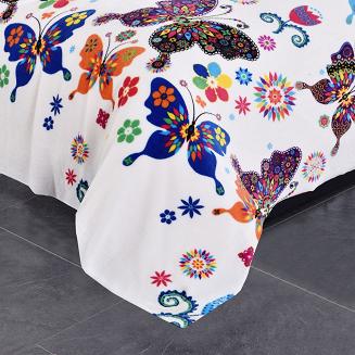 Pościel polarowa 160x200 welur biała kolorowe motyle