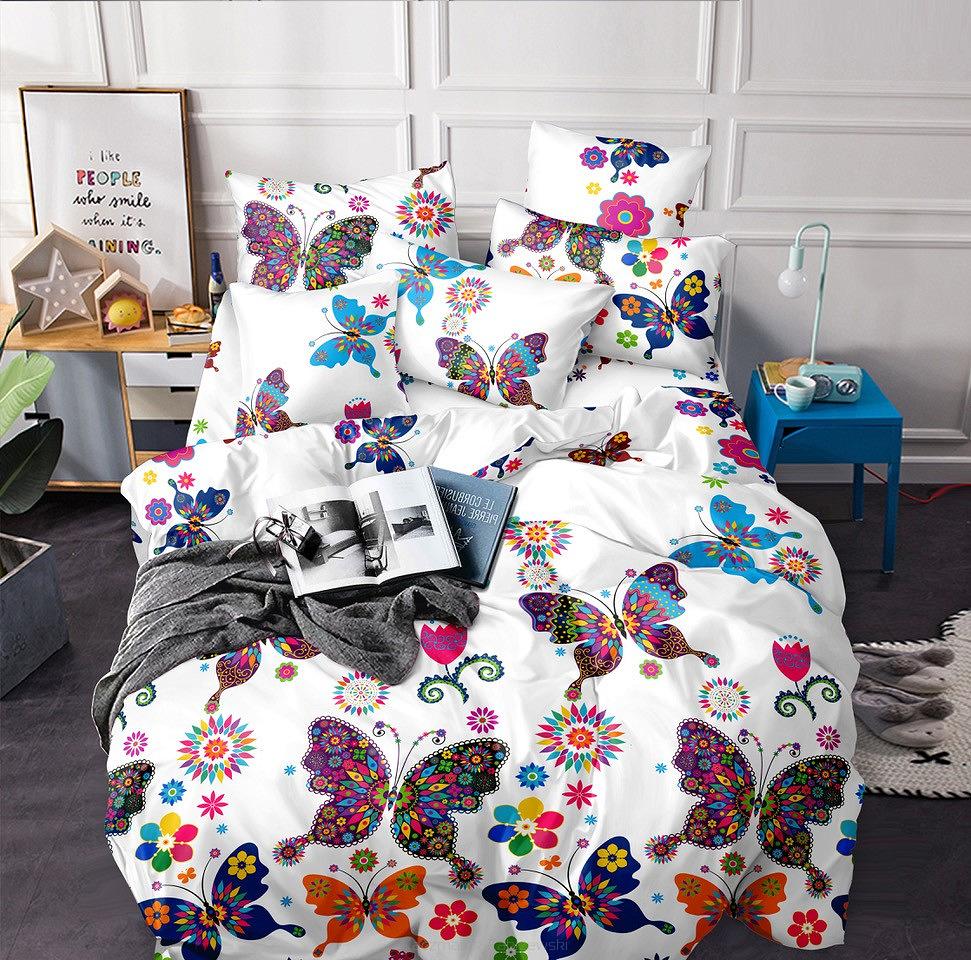 Pościel polarowa 160x200 welur biała kolorowe motyle