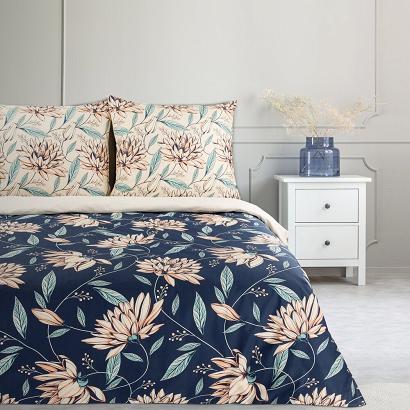 Pościel satynowa NIKA 140x200 Eurofirany granatowa pudrowy róż miętowa kwiaty dalie