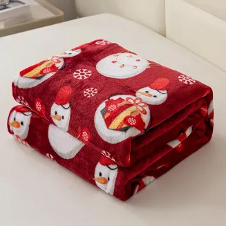Koc polarowy świąteczny 160x200 czerwony prezentowe bałwanki i śnieżynki