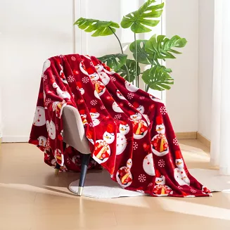 Koc polarowy świąteczny 160x200 czerwony prezentowe bałwanki i śnieżynki