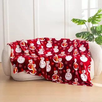Koc polarowy świąteczny 160x200 czerwony prezentowe bałwanki i śnieżynki