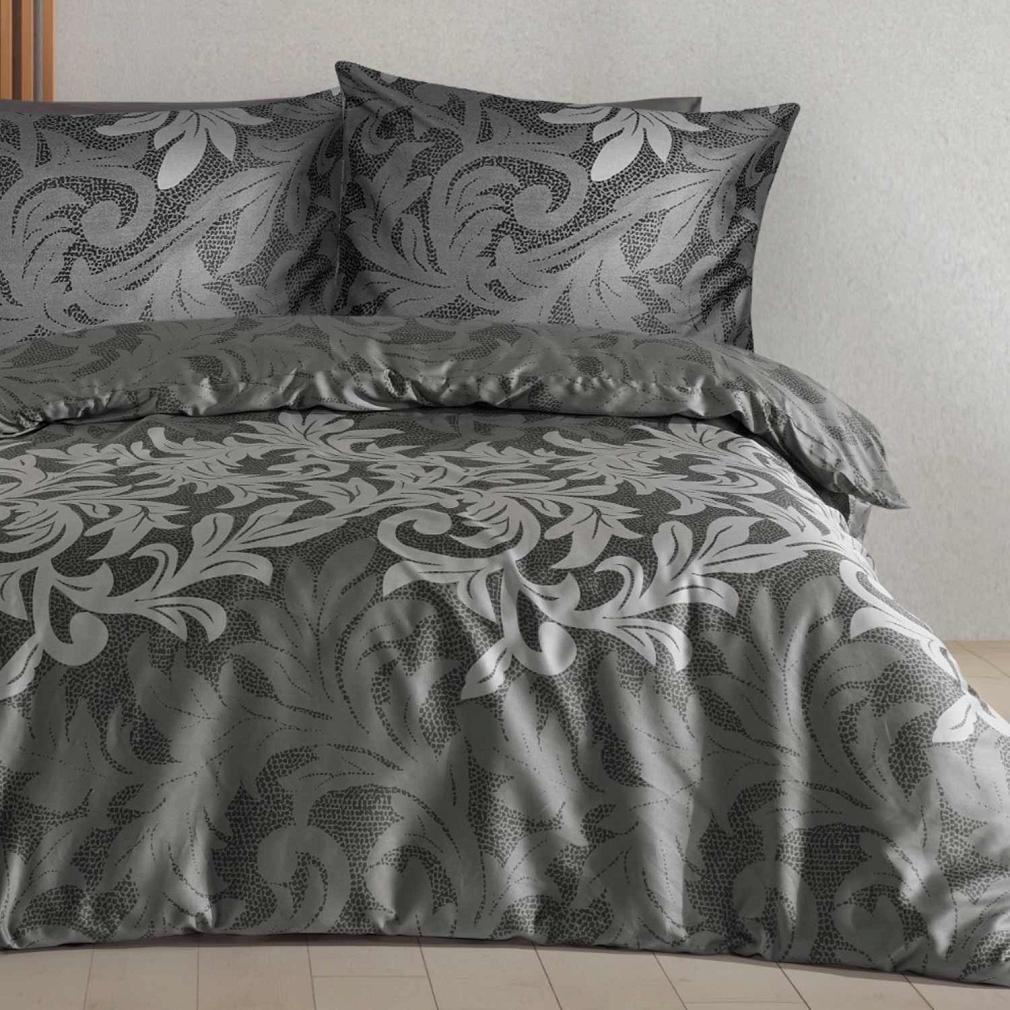 Pościel satyna bawełniana KAREN 160x200 ciemnoszara w roślinny ornament