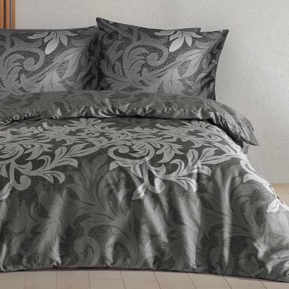 Pościel satyna bawełniana KAREN 160x200 ciemnoszara w roślinny ornament