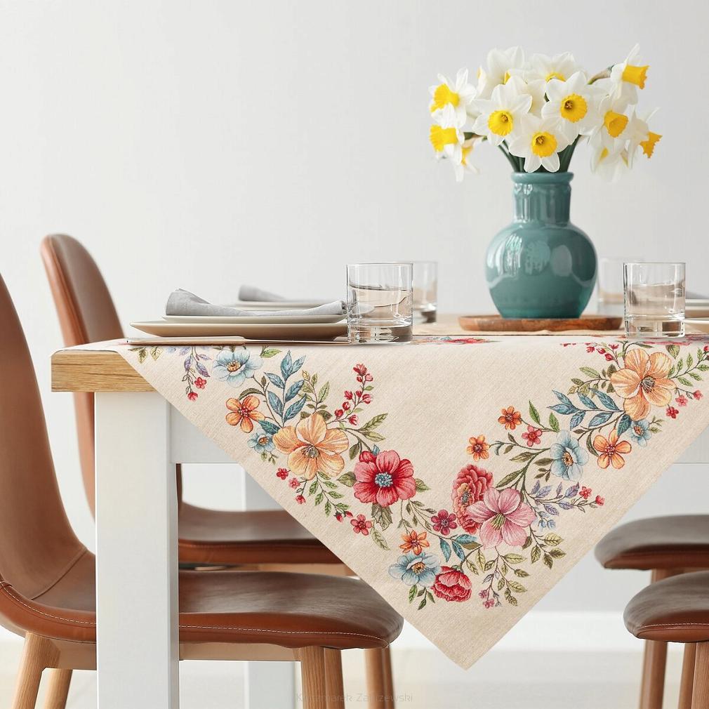 Obrus dekoracyjny gobelin 100x100 Eurofirany naturalny kolorowe kwiaty