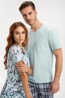 Koszula damska LUNA kod 141 miętowa granatowa roślinny wzór kwiaty