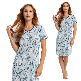 Koszula damska LUNA kod 141 miętowa granatowa roślinny wzór kwiaty