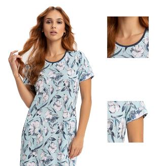 Koszula damska LUNA kod 141 miętowa granatowa roślinny wzór kwiaty