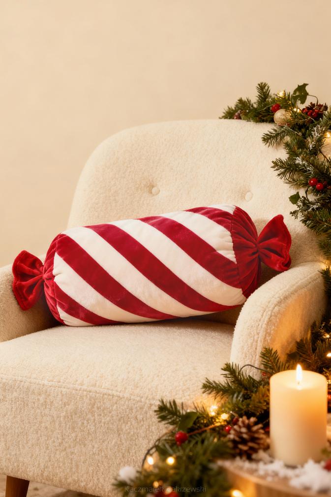 Poduszka dekoracyjna świąteczna 36x20 welurowa biała bordowa cukierek