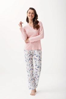 Piżama damska LUNA kod 675 różowa / rysowane kwiaty na kremie