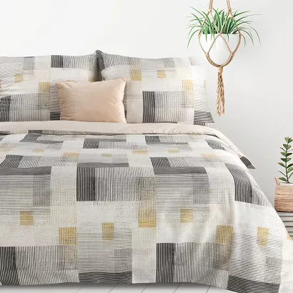 Pościel bawełniana LEA 200x220 Design91 szara biała beżowa prostokąty geometria