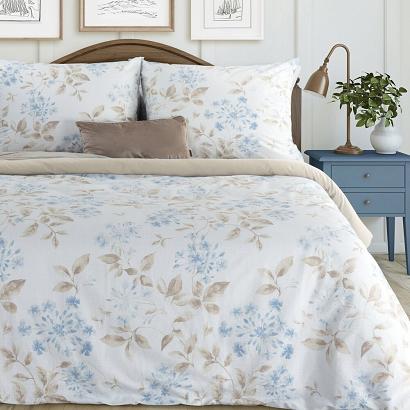 Pościel bawełniana JASMINA 220x200 Eurofirany kremowa jasnoniebieska gałązki kwiaty