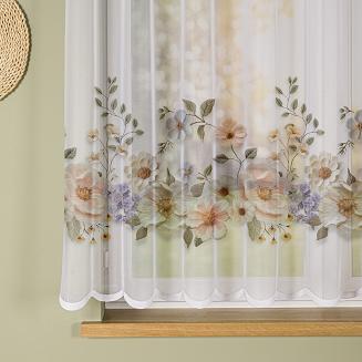 Firanka żakardowa na szelkach KWIATY Z EFEKTEM WYSZYWANIA 250x160 biała