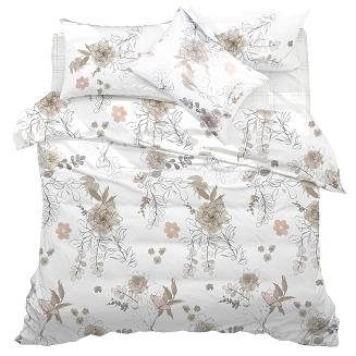 Pościel bawełniana LARIN BROWN 200x220 biała w brązowe i beżowe kwiaty
