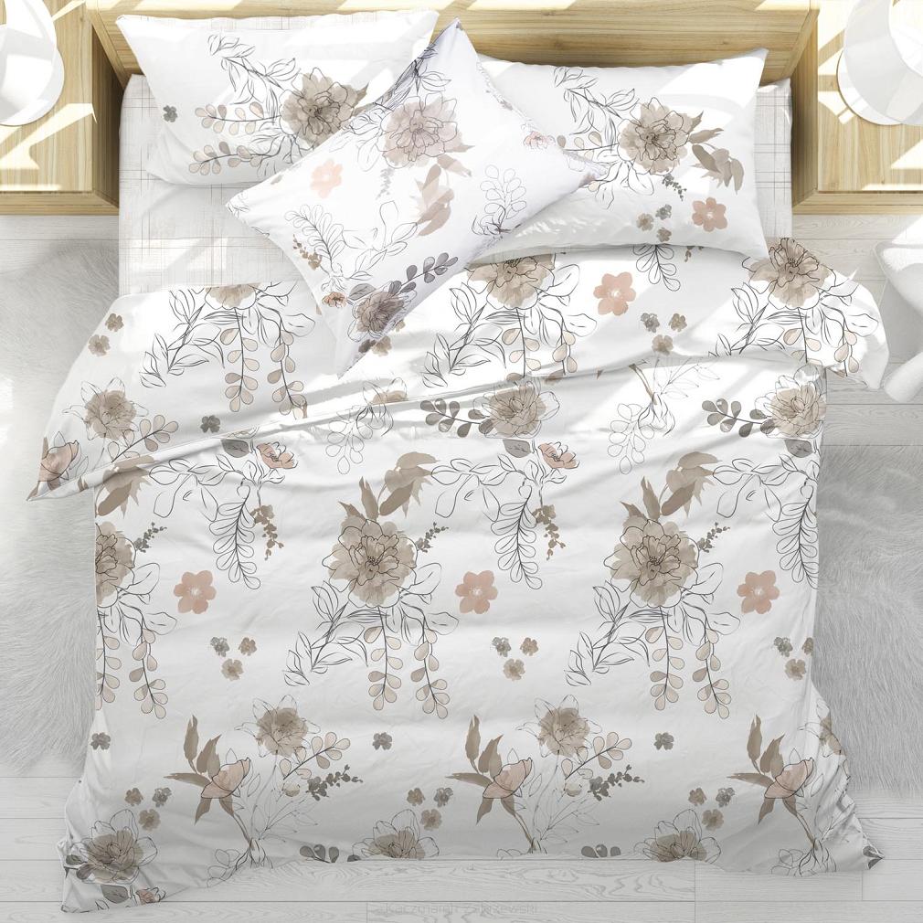 Pościel bawełniana LARIN BROWN 200x220 biała w brązowe i beżowe kwiaty