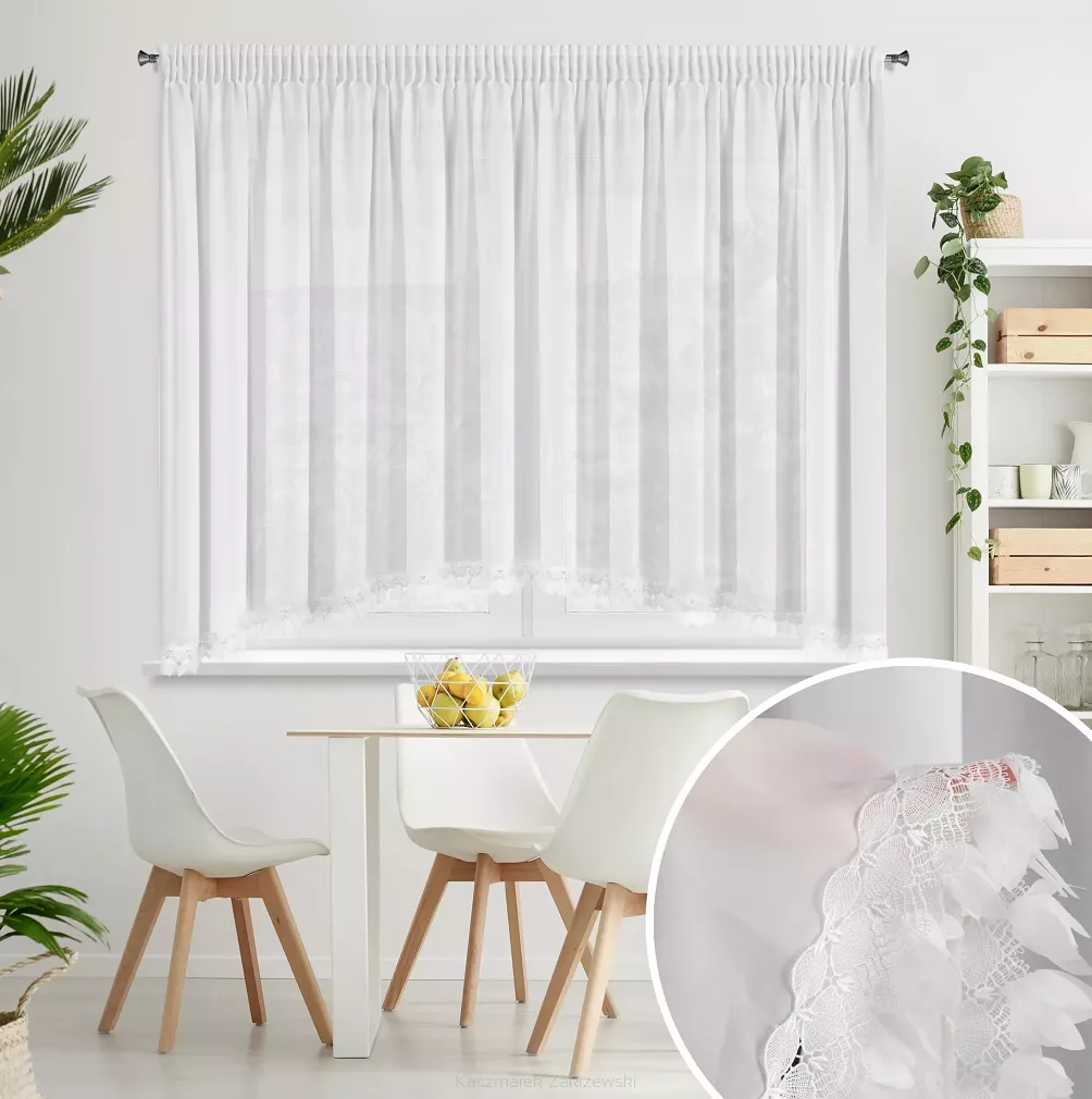 Firana gotowa na taśmie LORETA 400x160 Eurofirany biała szyfon fanatazyjna aplikacja na dole