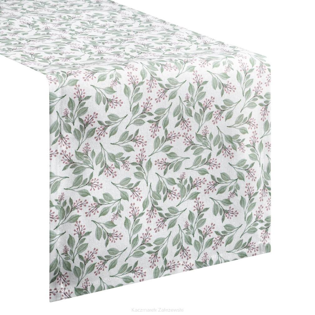 Bieżnik dekoracyjny wodoodporny GRACE 40x140 Eurofirany biały zielony wzór botaniczny gałązki