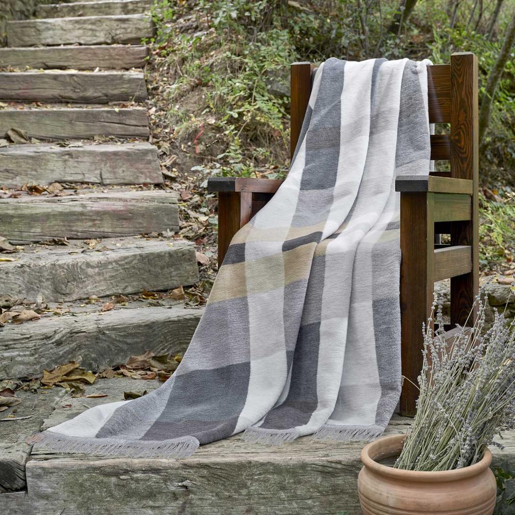 Koc bawełniano-akrylowy 150x200 Darymex grafitowy brązowy kremowy krata