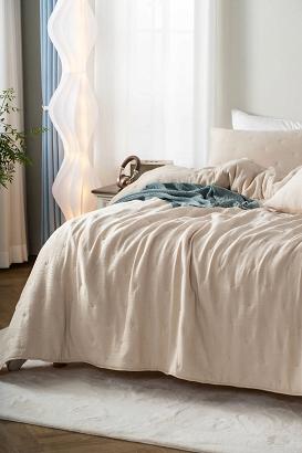 Narzuta dekoracyjna muślinowa struktura Stella 240x220 beżowa z haftem krzyżyków