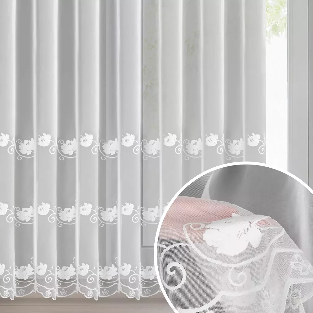 Firana gotowa na przelotkach LETI 350x260 Eurofirany biała z siatki zdobiona kwiatowym haftem