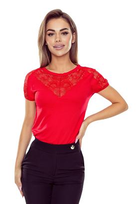 Elegancka bluzka z koronkowymi detalami na ramionach i dekolcie Cyryla czerwona