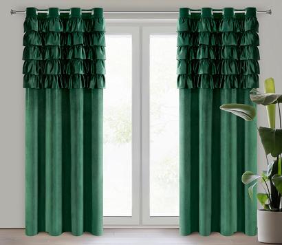Zasłona gotowa na przelotkach AURA 140x250 Eurofirany welwetowa ciemnozielona falbany