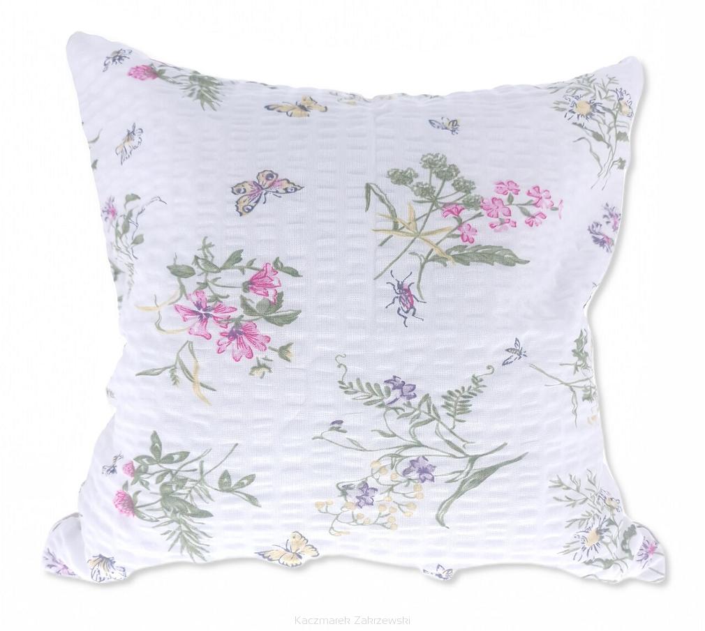 Poszewka z kory 40x40 biała w różowe fioletowe polne kwiaty