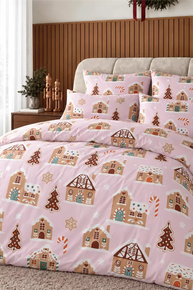 Pościel Świąteczna z Satyny Bawełnianej GINGERHOUSE Pudrowa (200x200 cm)
