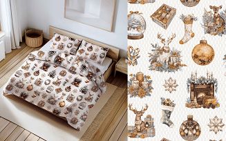 Pościel bawełniana świąteczna 160x200 biała złota w bożonarodzeniowe wzory