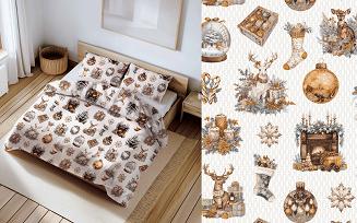 Pościel bawełniana świąteczna 160x200 biała złota w bożonarodzeniowe wzory