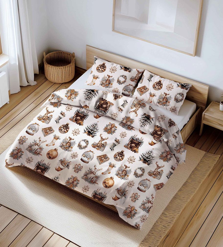 Pościel bawełniana świąteczna 160x200 biała złota w bożonarodzeniowe wzory