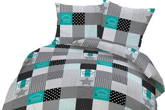 Pościel z kory 200x220 wzór krata grafitowo-turkusowa na białym tle