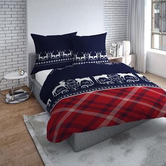 Pościel flanelowa 200x220 czerwona krata + renifery