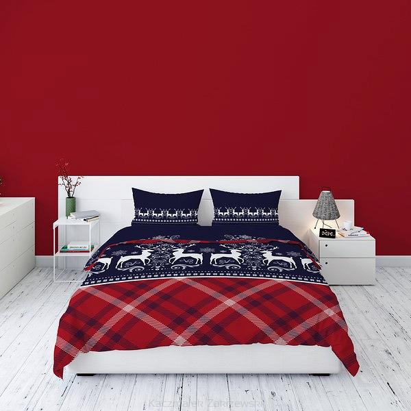 Pościel flanelowa 200x220 czerwona krata + renifery