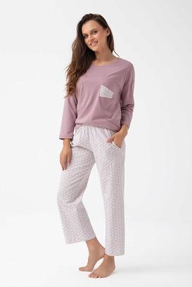 Piżama damska LUNA kod 339 kakaowa ekri w rozetki z kieszenią na piersi